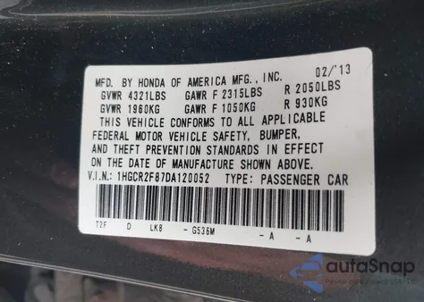 2013 Honda Accord Ex-L from USA, damaged, VIN 1HGCR2F87DA120052